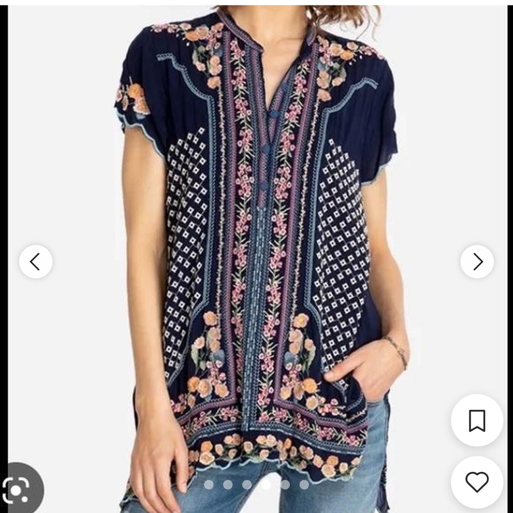 Johnny Was Women’s Sz XS Moji Embroidered Navy Blue Boho Floral tunic